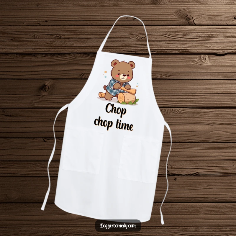 Funny Kawaii bear in a flannel shirt humorously chopping a small log, featured on a durable apron, making cooking more fun and less messy.