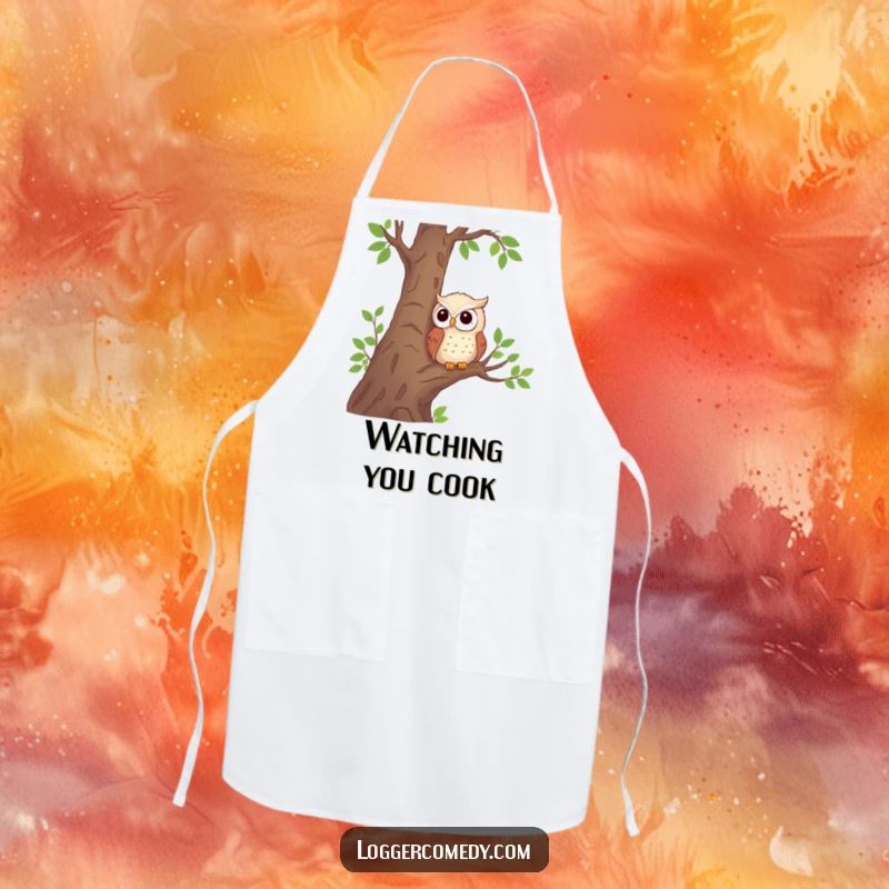 Funny shy owl apron featuring a shy owl near logs, making kitchen tasks more enjoyable with woodland charm.