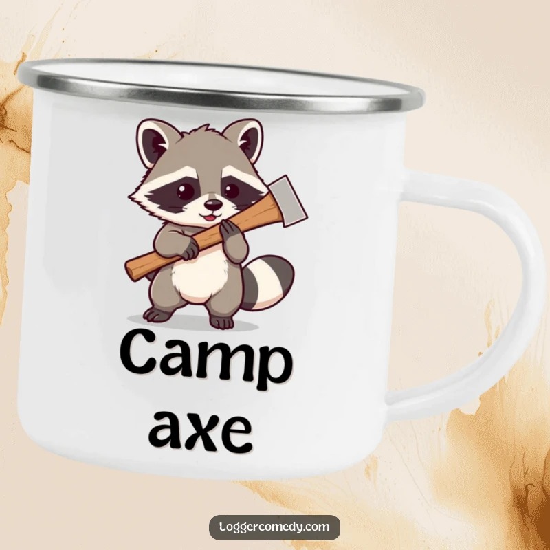 Funny Kawaii raccoon playfully swinging a large axe, on a sturdy camping mug, perfect for outdoor enthusiasts and lovers of playful mischief.