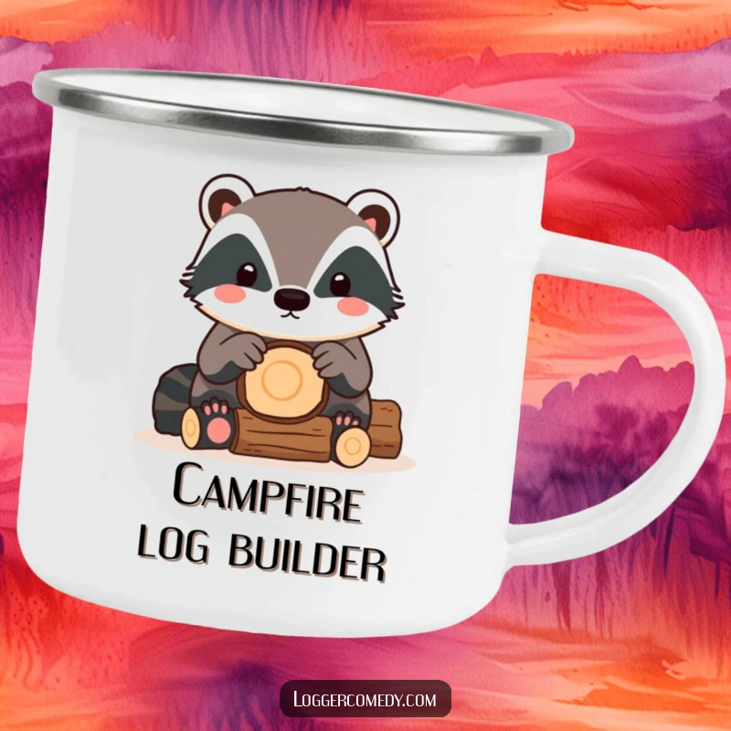 Funny Kawaii Badger Camping Mug showing a cute badger stacking logs, perfect for hot or cold drinks around the campfire.