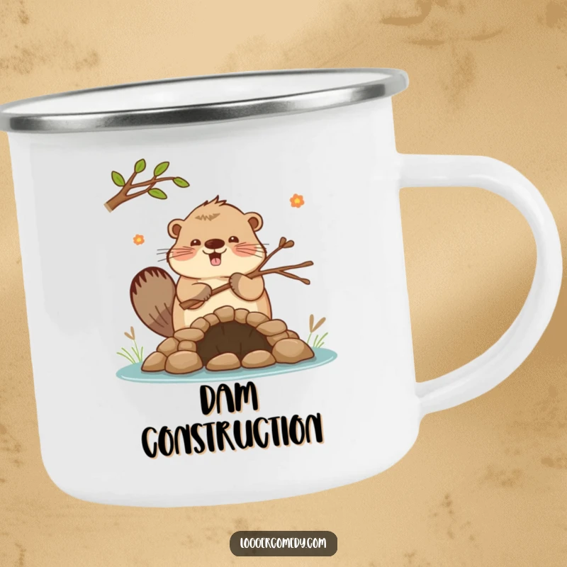 Funny Kawaii beaver enthusiastically building a small dam with twigs, on a sturdy camping mug, perfect for outdoor enthusiasts and hardworking individuals.