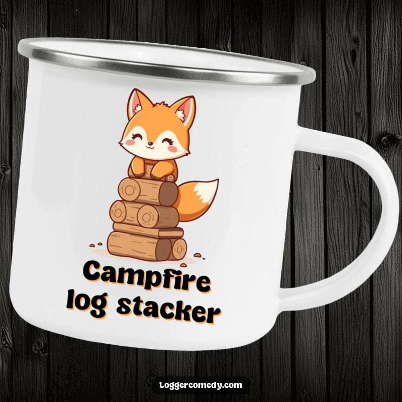Funny adorable fox camping mug, humorously stacking logs neatly, perfect for outdoor enthusiasts who appreciate organization and humor.