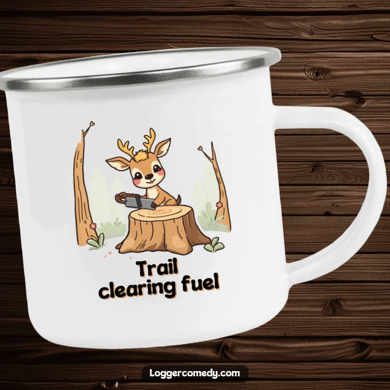Funny smiling deer camping mug, humorously sawing a stump, perfect for outdoor enthusiasts who appreciate a good laugh.