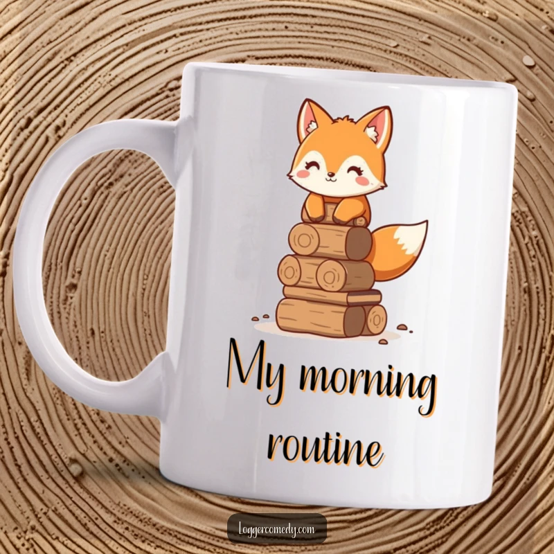 Funny adorable fox mug, humorously stacking logs neatly, embodying cleverness and organizational charm with a cute demeanor.