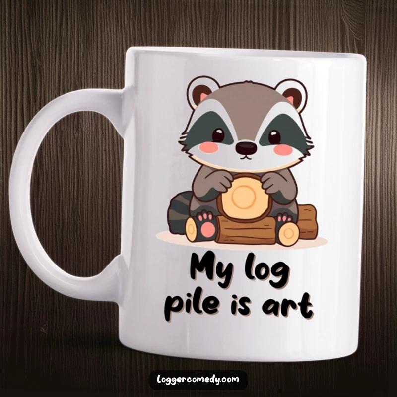 Funny Kawaii Badger Mug showing a cute badger meticulously stacking logs with its tiny paws, looking focused and adorable.