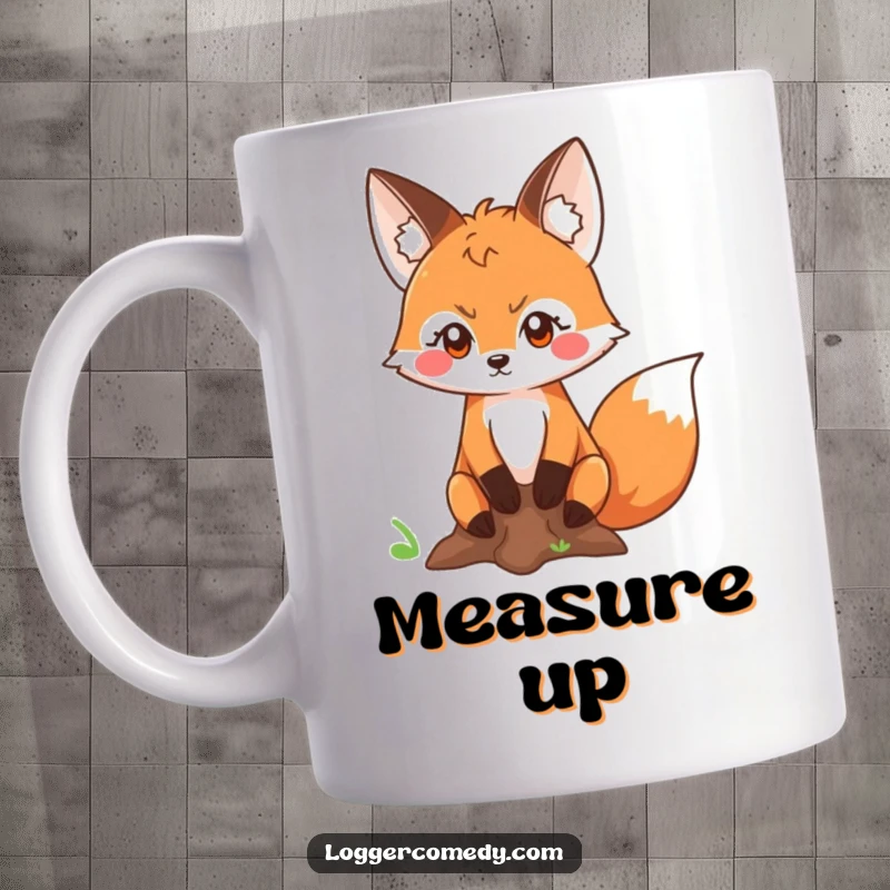 Funny Kawaii fox with a determined look measuring a tree trunk, depicted on a mug, celebrating focus and woodland adventures with humor.