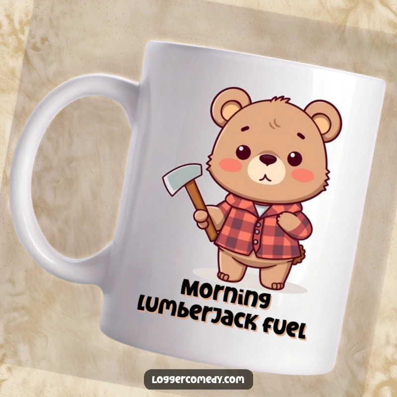 Funny plaid bear mug, wearing a checkered shirt and humorously holding a small axe, ready for lumberjack adventures.
