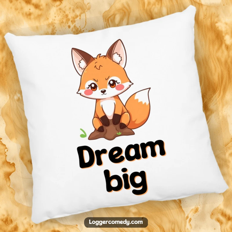 Funny Kawaii fox with a determined look measuring a tree trunk, on a plush pillow, offering comfort and a reminder of focused, woodland fun.