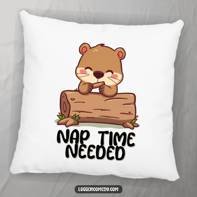 Funny kawaii beaver pillow, humorously gnawing on a log, providing soft comfort and a touch of industrious humor.