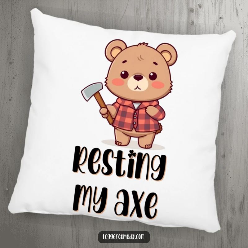 Funny plaid bear pillow, humorously holding an axe while wearing a plaid shirt, providing cozy and funny decorative comfort.