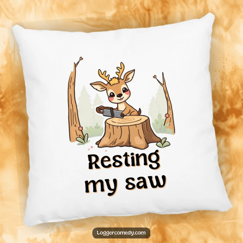 Funny smiling deer pillow, humorously sawing a stump, adding soft comfort and a touch of funny woodland charm.