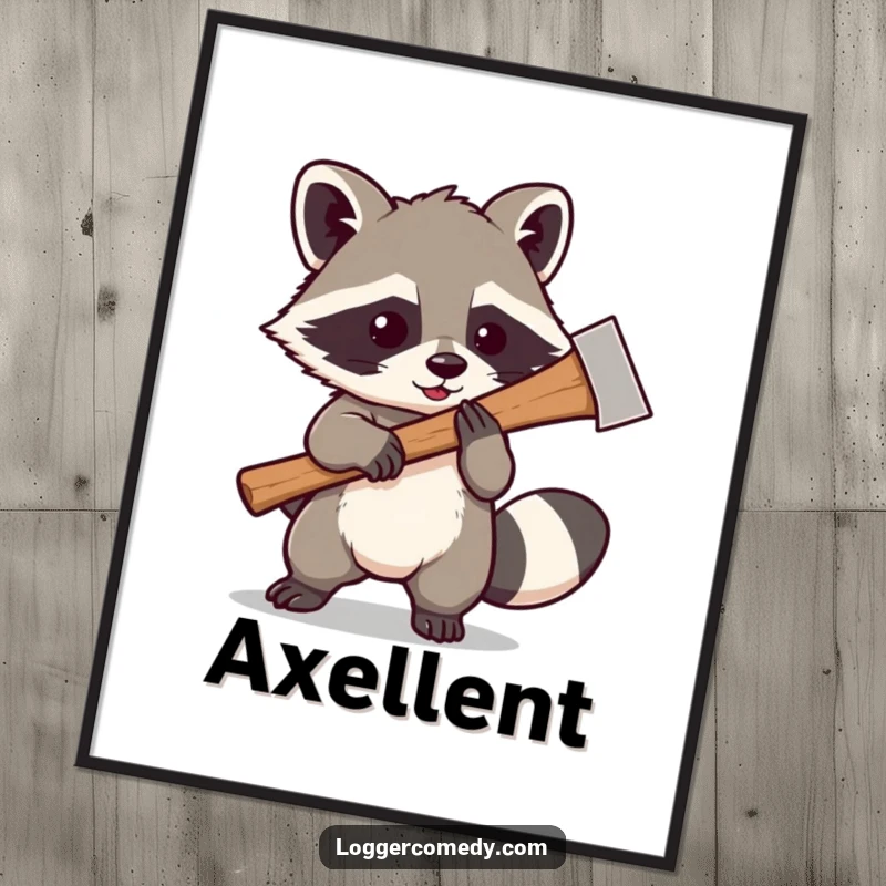 Funny Kawaii raccoon playfully swinging a large axe, a digital art print full of wild spirit and adorable, humorous mischief.