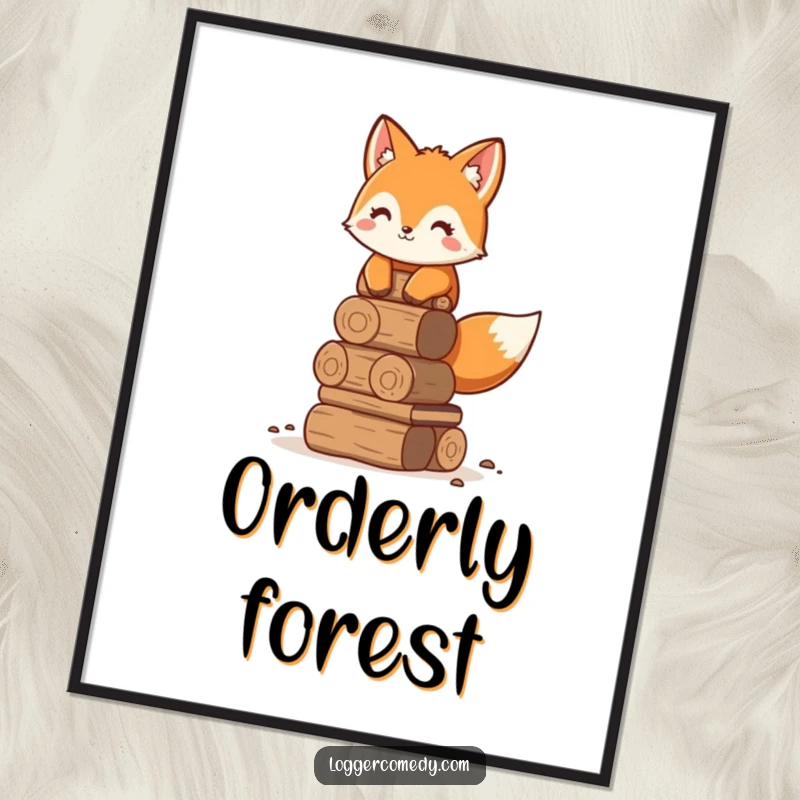 Funny adorable fox digital art print, humorously stacking logs neatly, a charming and funny piece for instant woodland decor.