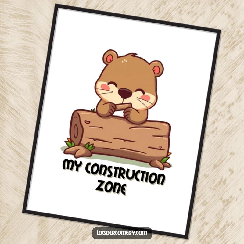 Funny kawaii beaver digital art print, humorously gnawing on a log, a charming and funny piece for instant woodland decor.