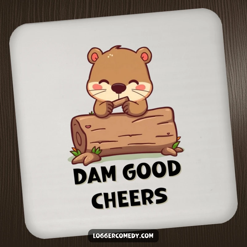 Funny kawaii beaver drink coaster, humorously gnawing on a log, providing charming and funny surface protection.
