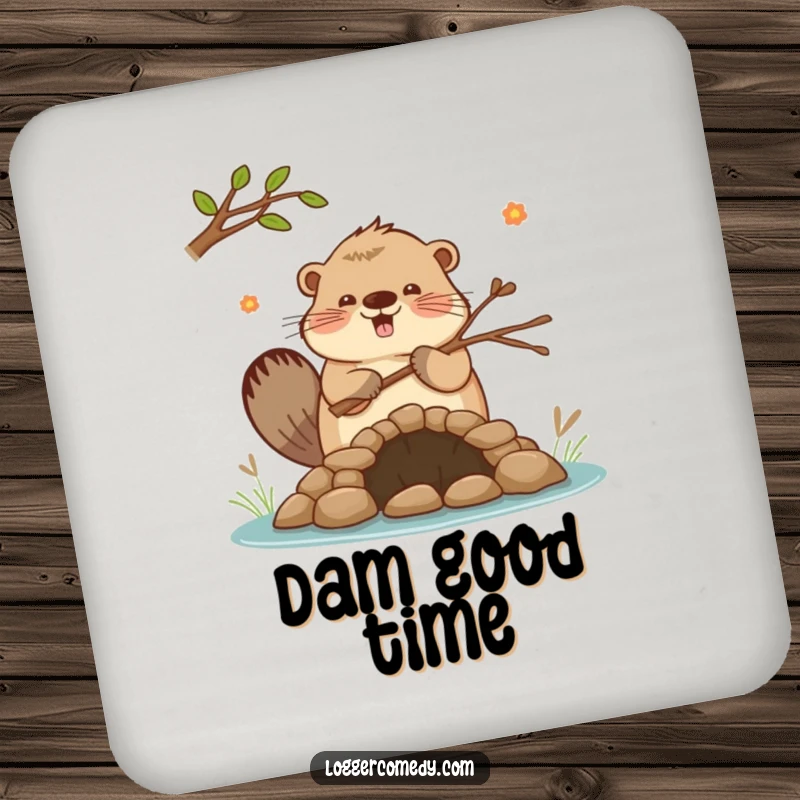 Funny Kawaii beaver enthusiastically building a small dam with twigs, on a drink coaster, adding a touch of hardworking humor to any surface.