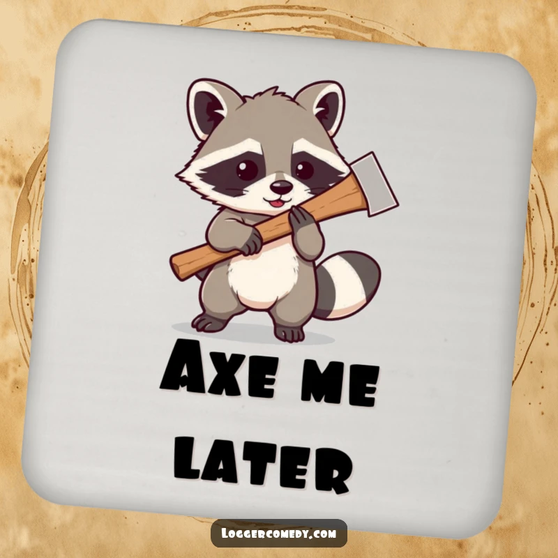 Funny Kawaii raccoon playfully swinging a large axe, on a drink coaster, adding a touch of wild humor and playful energy to any surface.