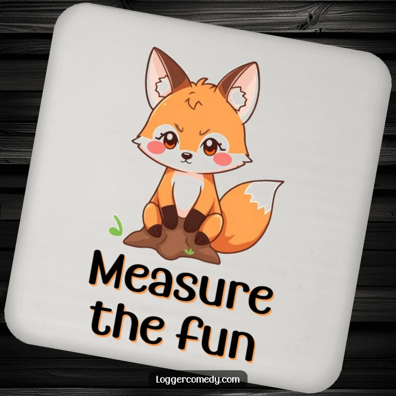 Funny Kawaii fox with a determined look measuring a tree trunk, on a drink coaster, adding a touch of focused humor to any surface.