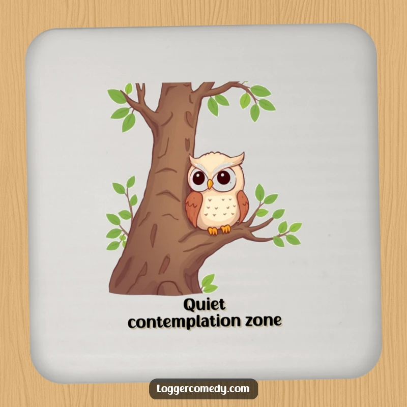 Funny shy owl drink coasters featuring a shy owl near logs, protecting surfaces with woodland charm and humor.