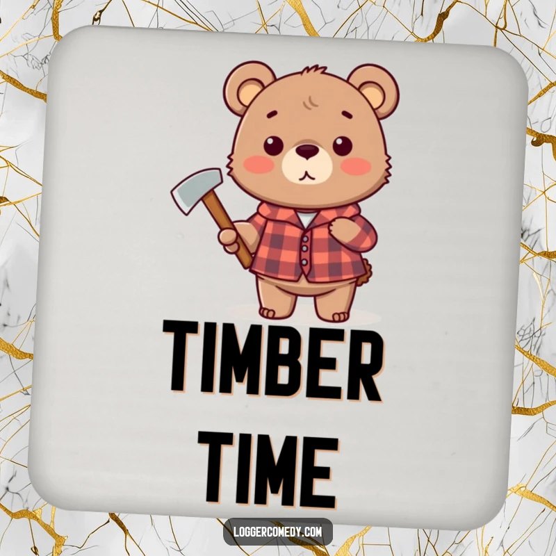 Funny plaid bear drink coaster, humorously holding an axe, providing a rustic and funny surface protection for drinks.
