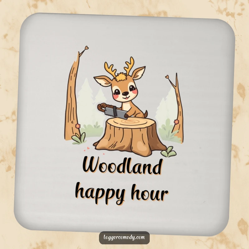 Funny smiling deer drink coaster, humorously sawing a stump, providing charming and funny surface protection.