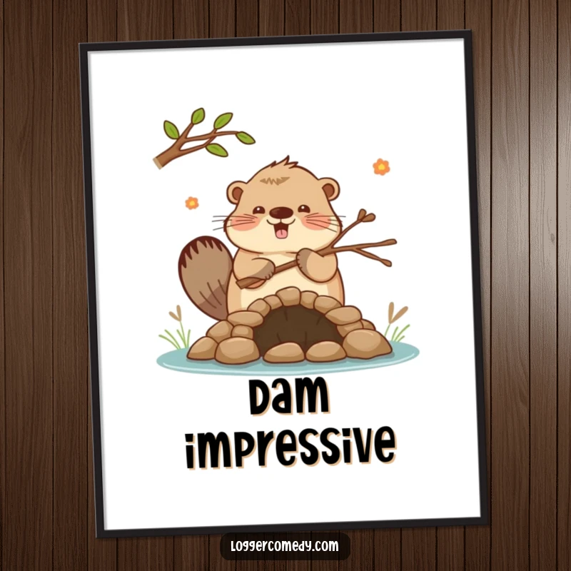 Funny Kawaii beaver enthusiastically building a small dam with twigs, presented as a charming poster, celebrating diligence with adorable humor.