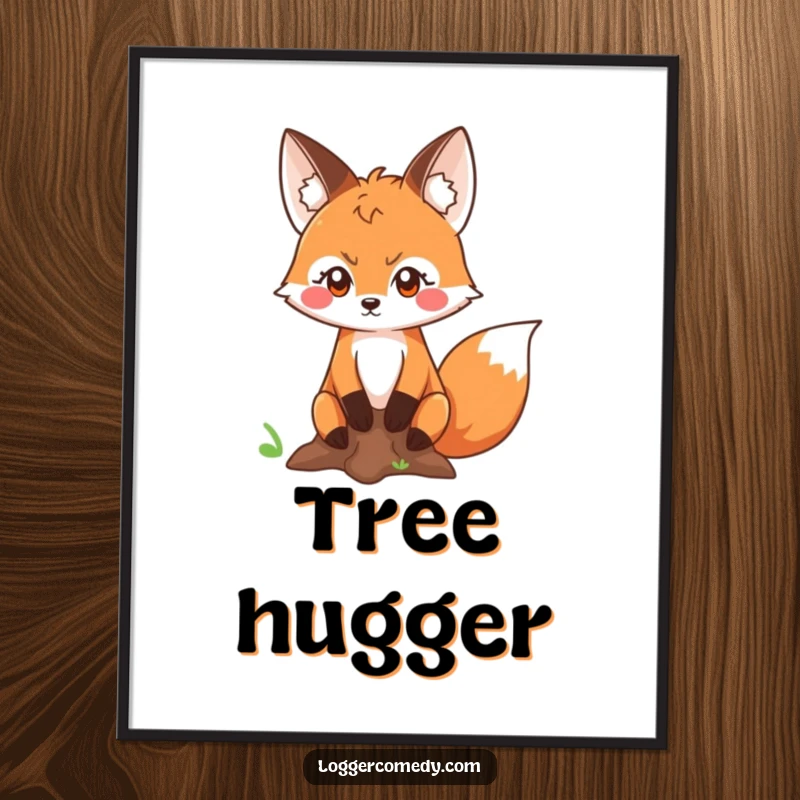 Funny Kawaii fox with a determined look measuring a tree trunk, presented as a charming poster, celebrating precision and woodland adventures with humor.