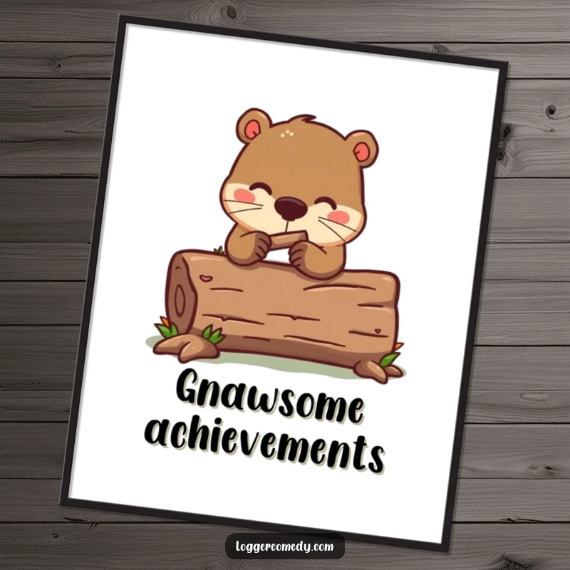 Funny kawaii beaver poster, humorously gnawing on a log, creating a charming and funny piece of wall art for any space.