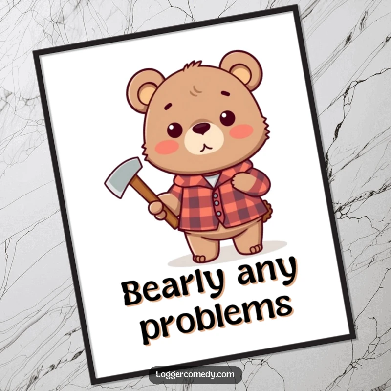Funny plaid bear poster, humorously depicted with an axe and plaid shirt, bringing rustic and funny vibes to any wall.
