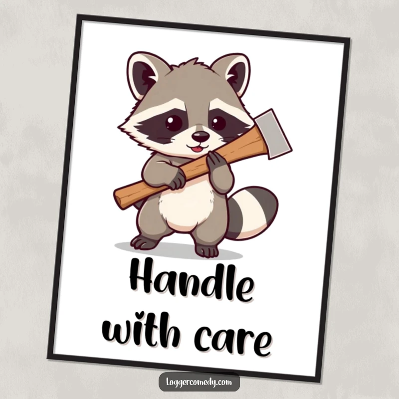 Funny Kawaii raccoon playfully swinging a large axe, presented as a charming poster, bringing a sense of wild fun and humor to any space.
