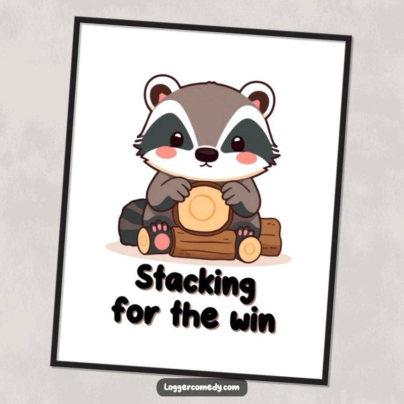 Funny Kawaii Badger Poster depicting a sweet badger diligently stacking logs, adding a touch of cute woodland art.
