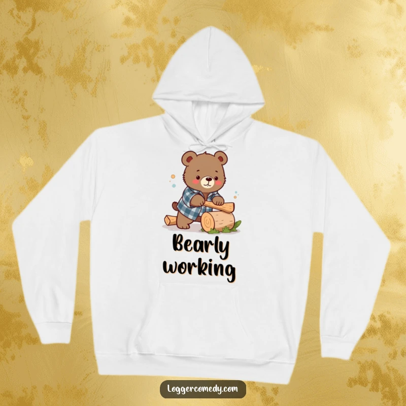 Funny Kawaii bear sporting a flannel shirt, humorously chopping a small log, on a warm hoodie, embodying rustic humor and comfort.