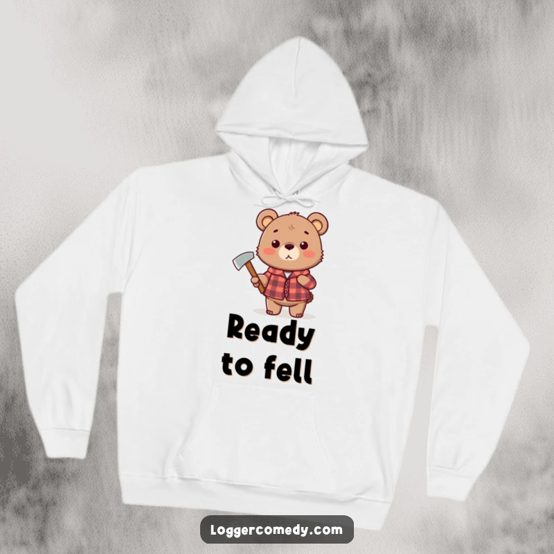 Funny plaid bear hoodie, featuring a cute bear in a plaid shirt holding an axe, perfect for humorous outdoor enthusiasts.