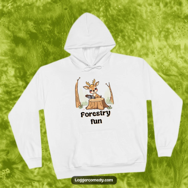 Funny smiling deer hoodie, humorously using a saw on a stump, perfect for cozy warmth and a touch of outdoor humor.