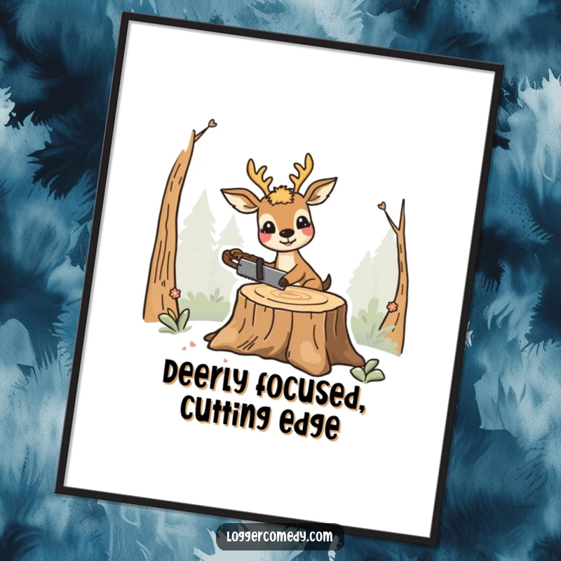 Funny free printable wall art: Smiling deer actively sawing a tree stump, bringing whimsical outdoor charm.