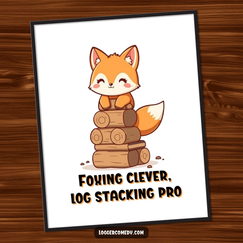 Funny free printable wall art: Adorable fox neatly stacking logs, bringing a sense of order and woodland charm.