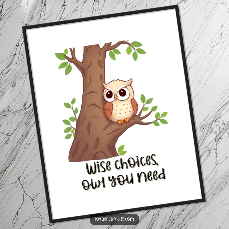 Funny Free Printable Owl Wall Art: Shy owl observes wisely from a tree near logs, creating whimsical, downloadable decor.