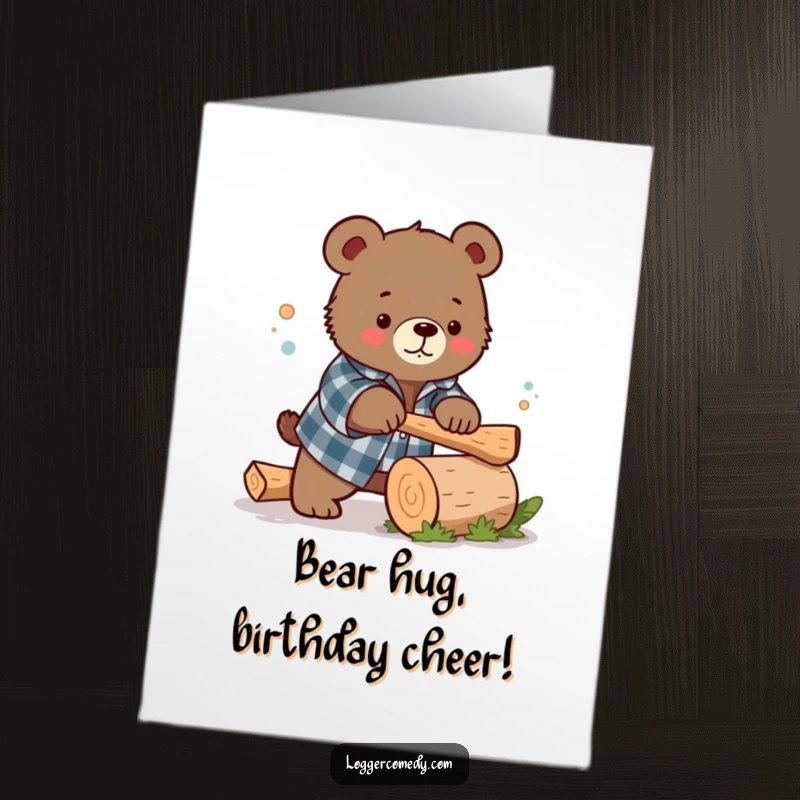 Funny Free Printable Birthday Card: Kawaii bear in flannel humorously chopping a small log with a determined, silly face.