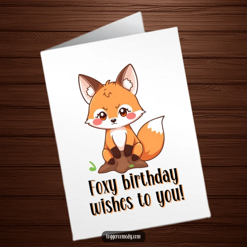 Funny Free Printable Birthday Card: Kawaii fox with a determined look meticulously measuring a tree trunk, ready for celebration.