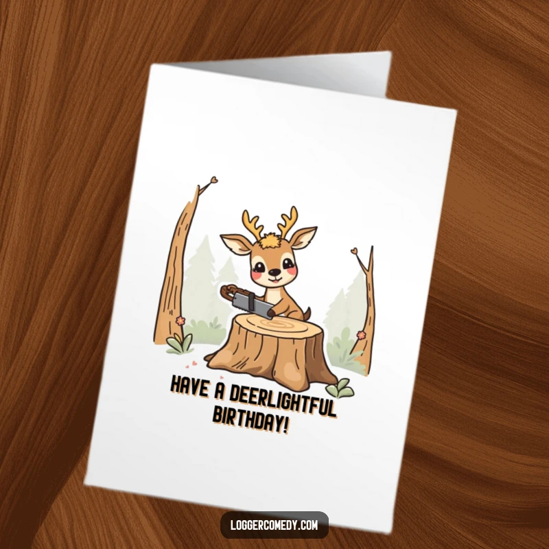 Funny free printable birthday card: Smiling deer cheerfully sawing a tree stump, ready for a birthday bash.
