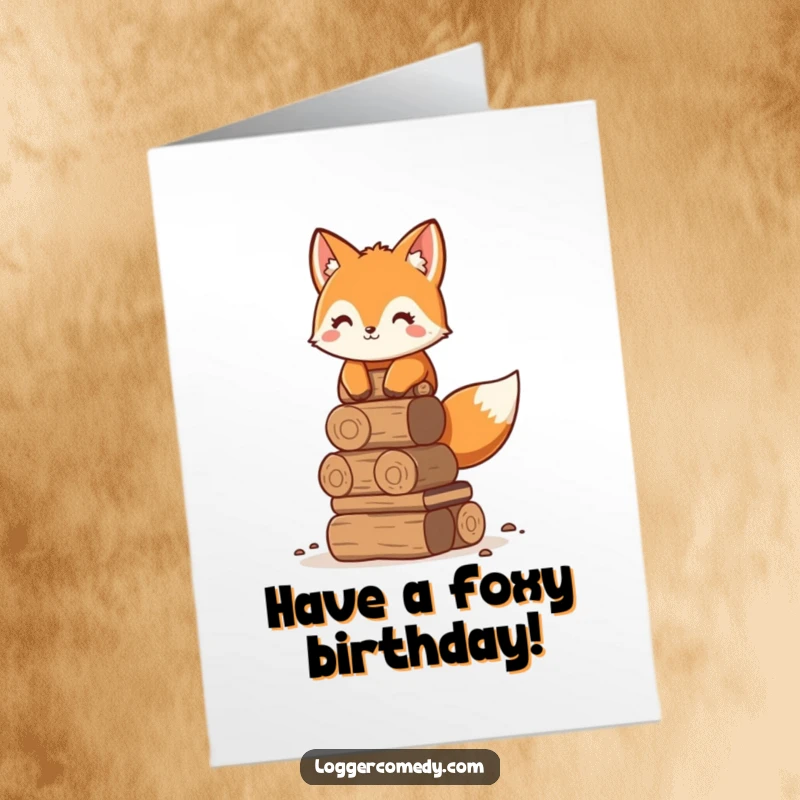 Funny free printable birthday card: Adorable fox neatly stacking logs, celebrating with organized cheer.