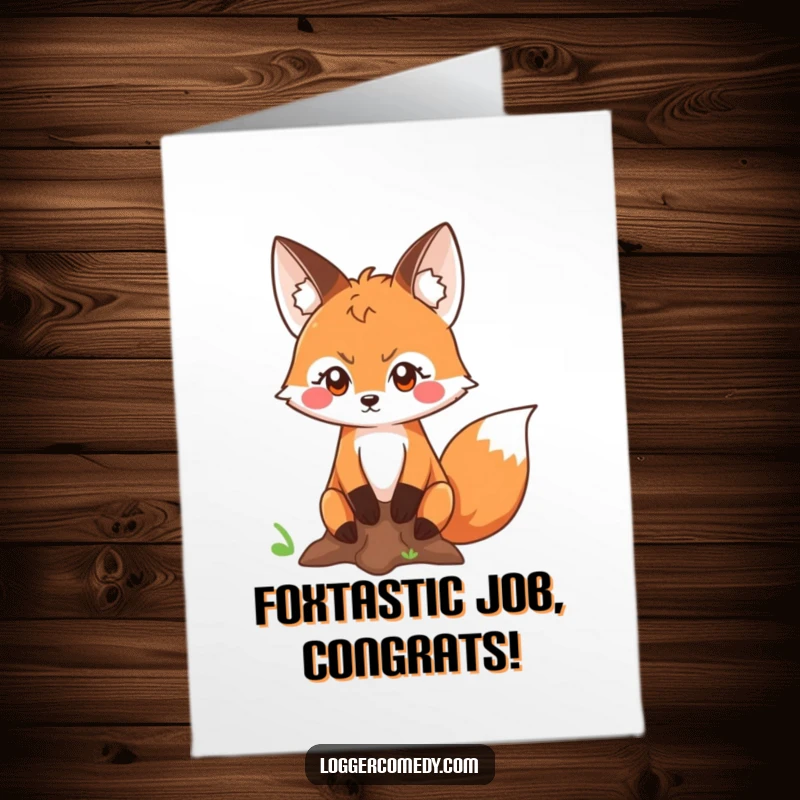 Funny Free Printable Congrats Card: Kawaii fox with a determined look measuring a tree trunk, celebrating their success.