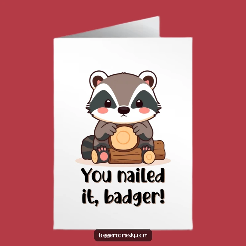 Free Printable Congrats Card: Humorous Kawaii Badger Stacking Logs, Perfect Downloadable Gift