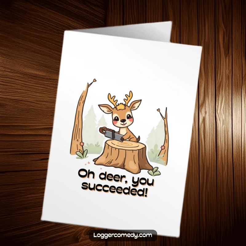 Funny free printable congratulations card: Deer happily using a saw on a stump, symbolizing overcoming obstacles.