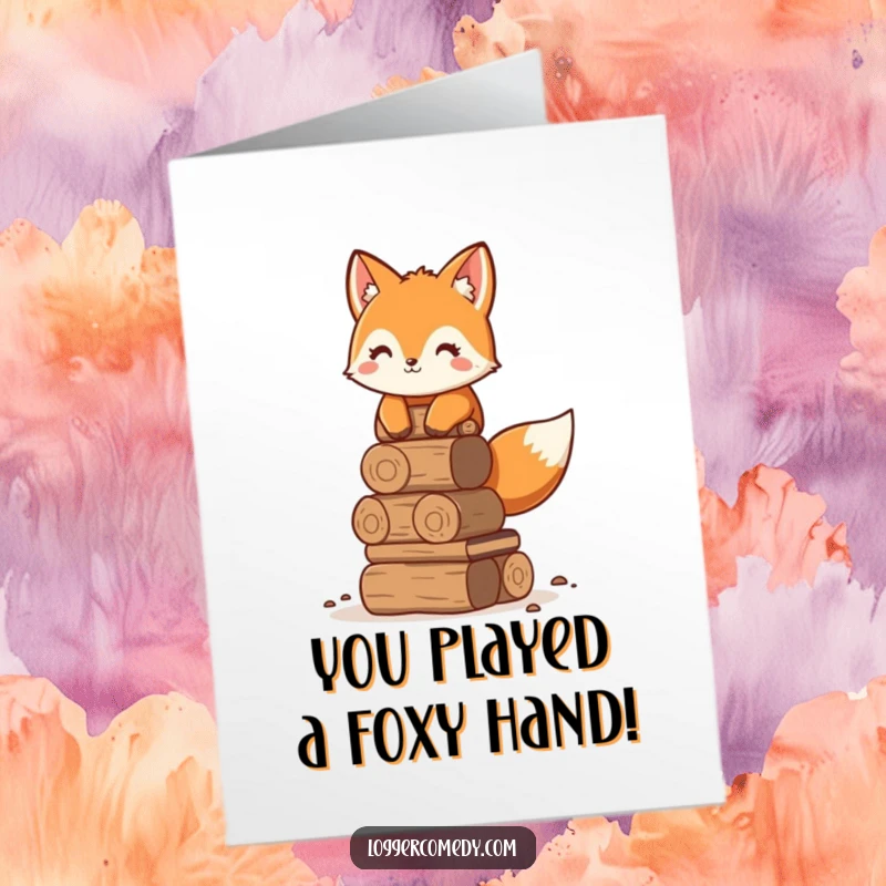 Funny free printable congratulations card: Fox meticulously stacking logs, symbolizing precision and successful completion.