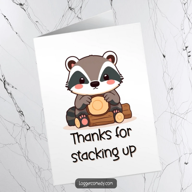Funny Free Printable Thank You Card with a kawaii badger diligently stacking logs, expressing gratitude.