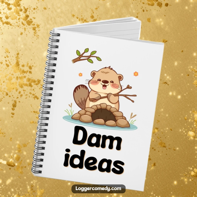 Funny Kawaii beaver enthusiastically building a small dam with twigs, on the cover of a notebook, inspiring constructive thinking and creative ideas.