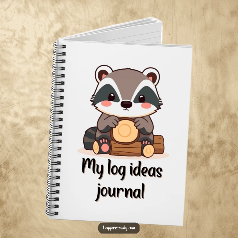 Funny Kawaii Badger Notebook with a cute badger carefully stacking logs, ideal for writing, drawing, and organizing thoughts.