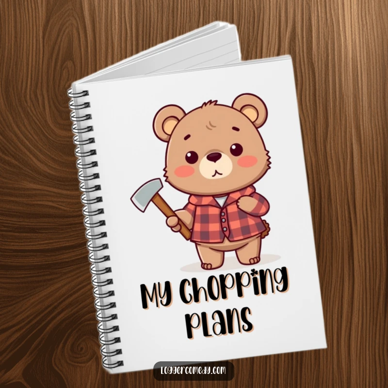 Funny plaid bear notebook, humorously holding an axe, perfect for jotting down funny thoughts and outdoor plans.
