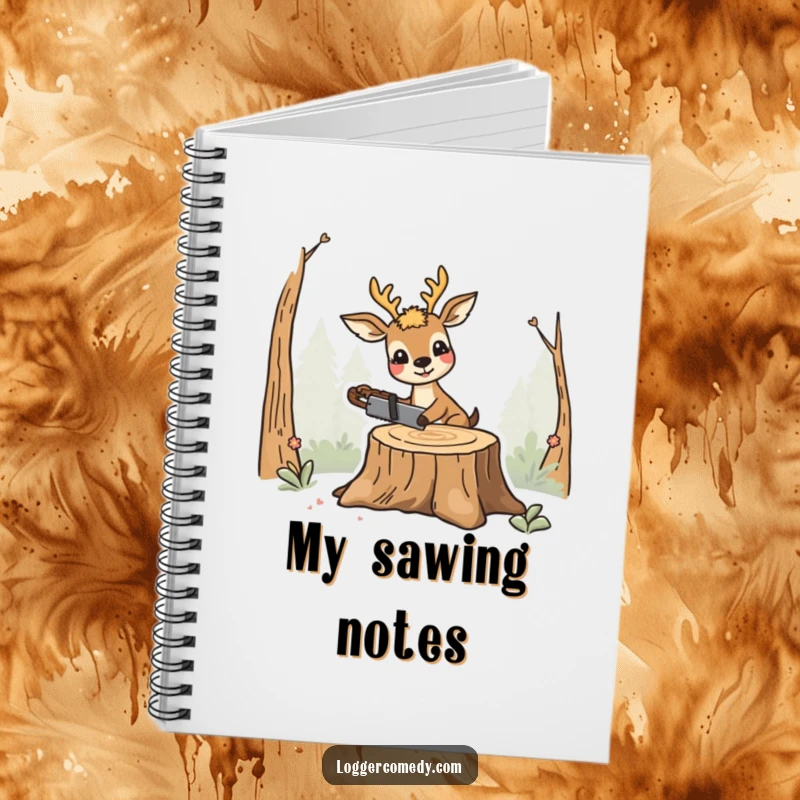 Funny smiling deer notebook, humorously sawing a stump, ideal for jotting down plans and funny ideas.